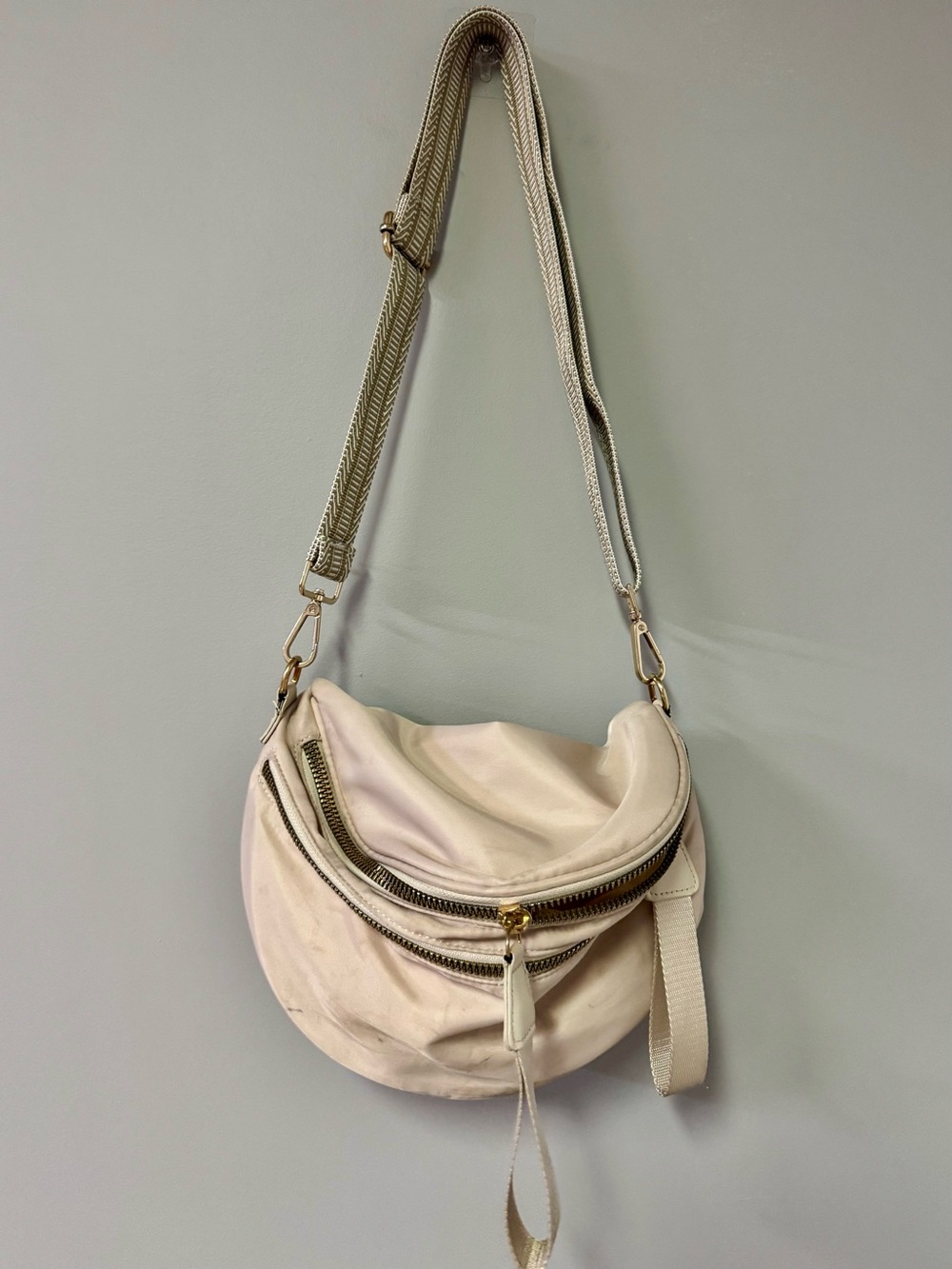 Cream Crescent Crossbody Bag with Gold Hardware